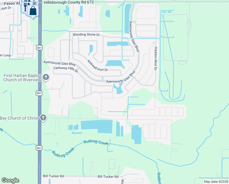 map of restaurants, bars, coffee shops, grocery stores, and more near 10860 Carloway Hills Drive in Wimauma