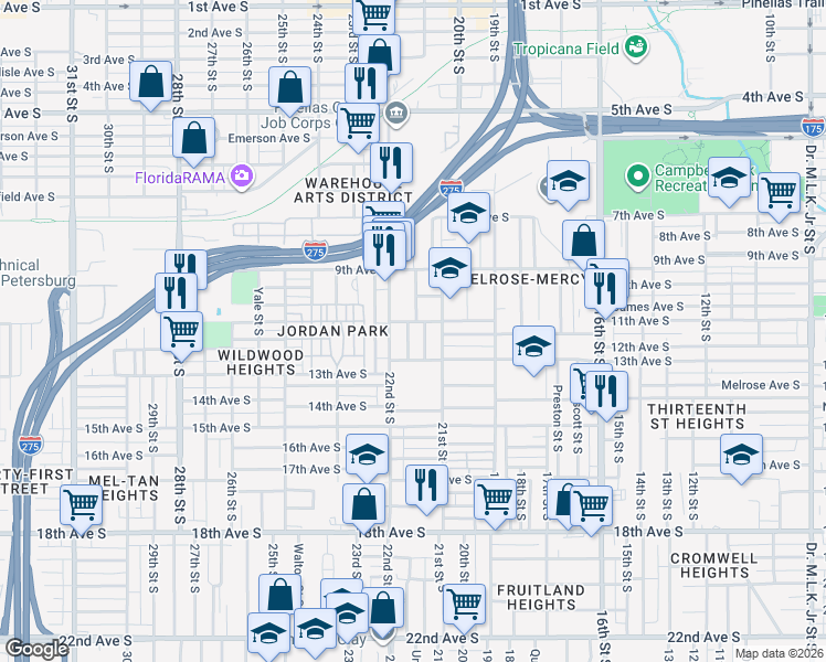 map of restaurants, bars, coffee shops, grocery stores, and more near 1120 Union Street South in St. Petersburg