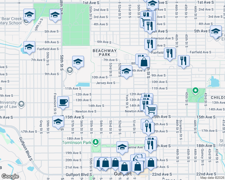 map of restaurants, bars, coffee shops, grocery stores, and more near 5230 11th Avenue South in Gulfport