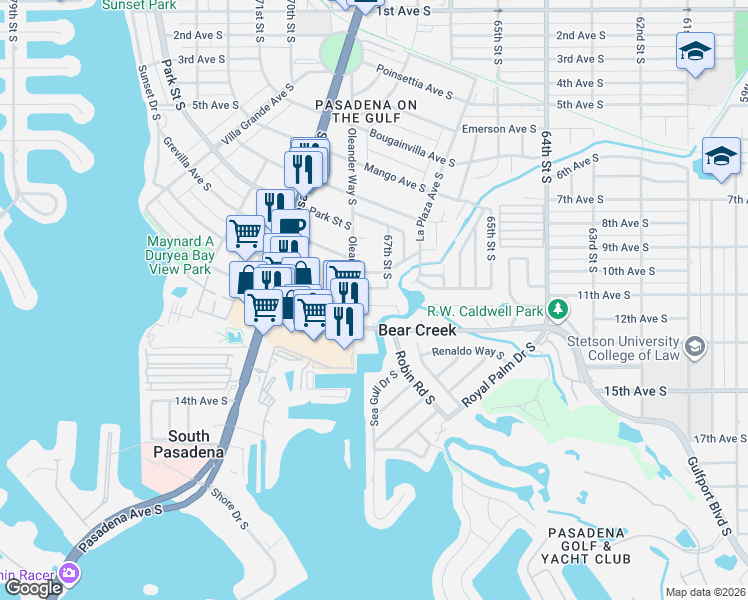map of restaurants, bars, coffee shops, grocery stores, and more near 6735 Flamingo Way South in St. Petersburg