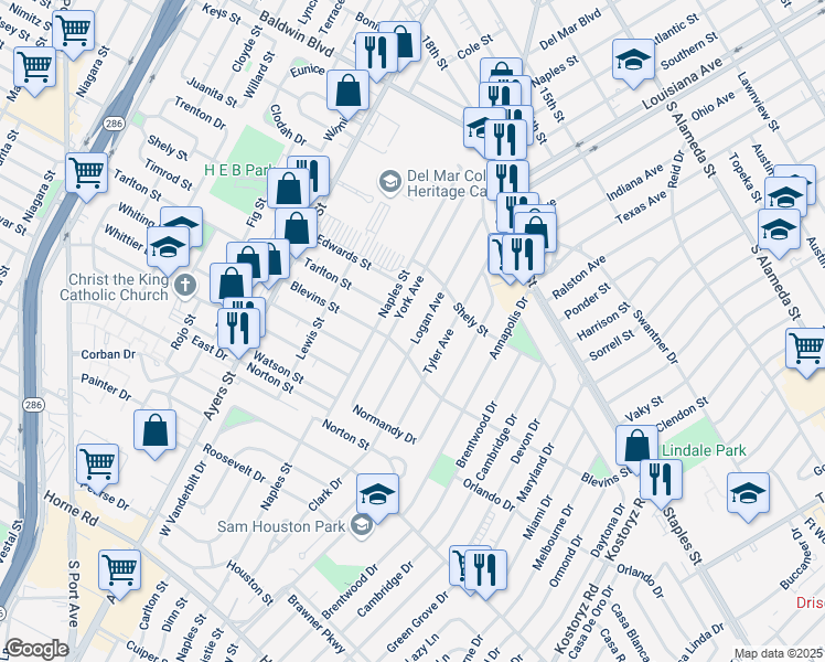 map of restaurants, bars, coffee shops, grocery stores, and more near 1241 Logan Ave in Corpus Christi