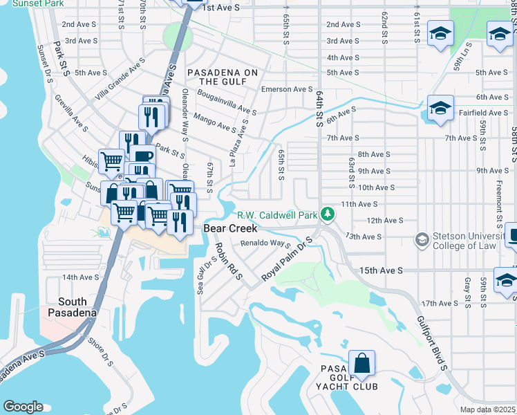 map of restaurants, bars, coffee shops, grocery stores, and more near 6597 Flamingo Way South in Saint Petersburg