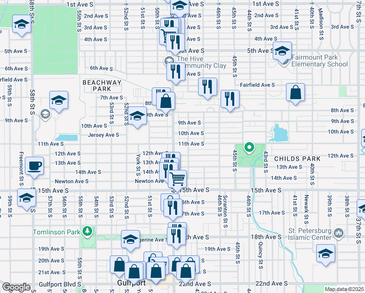 map of restaurants, bars, coffee shops, grocery stores, and more near 4820 11th Avenue South in St. Petersburg