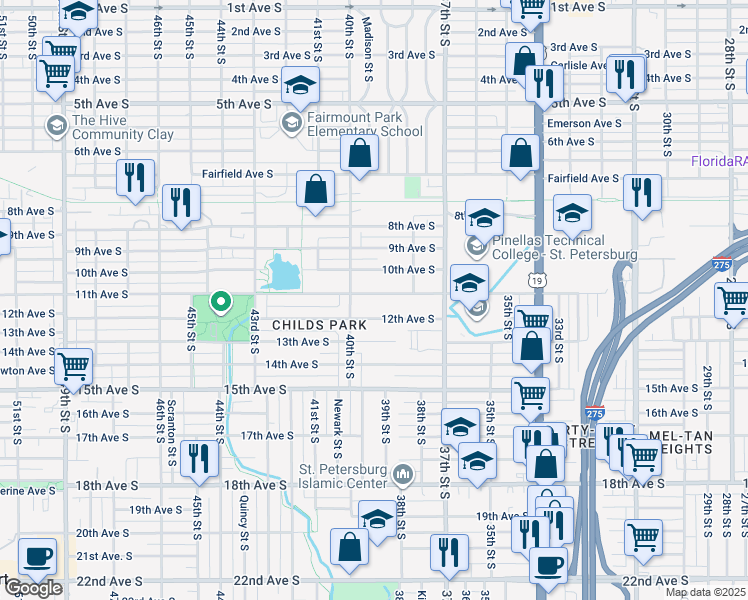 map of restaurants, bars, coffee shops, grocery stores, and more near 3944 11th Avenue South in St. Petersburg