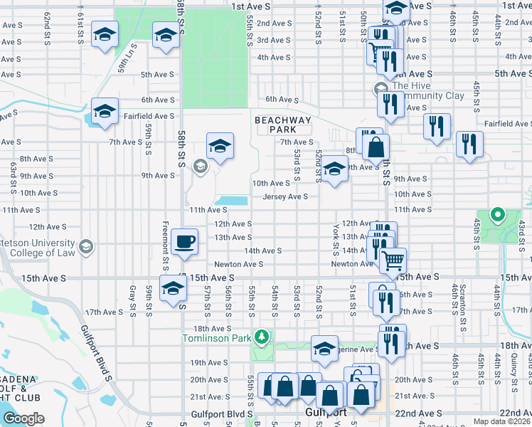 map of restaurants, bars, coffee shops, grocery stores, and more near 5410 11th Avenue South in Gulfport