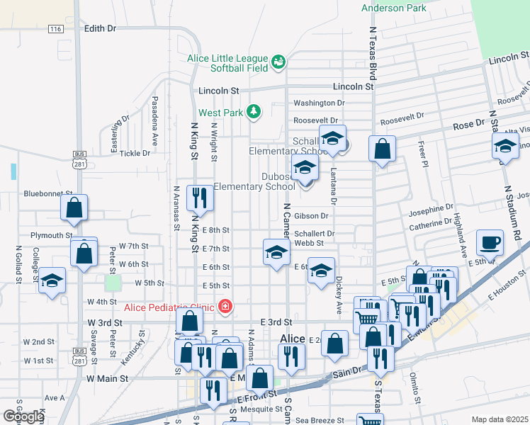 map of restaurants, bars, coffee shops, grocery stores, and more near 825 North Almond Street in Alice