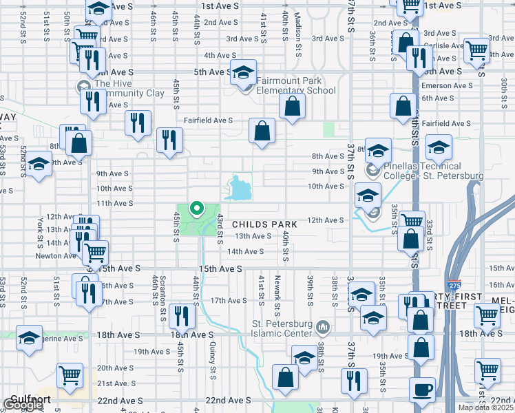 map of restaurants, bars, coffee shops, grocery stores, and more near 4102 11th Avenue South in St. Petersburg