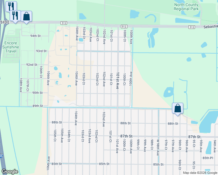 map of restaurants, bars, coffee shops, grocery stores, and more near 9047 101st Court in Vero Beach