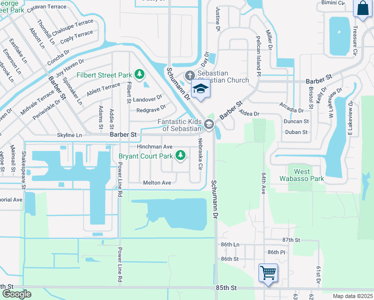 map of restaurants, bars, coffee shops, grocery stores, and more near 163 Nebraska Circle in Sebastian