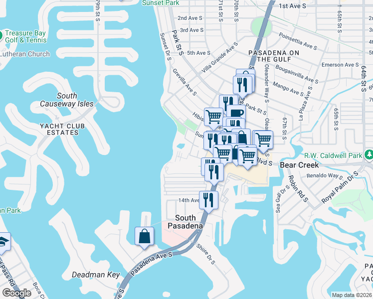 map of restaurants, bars, coffee shops, grocery stores, and more near 7050 Sunset Drive South in South Pasadena
