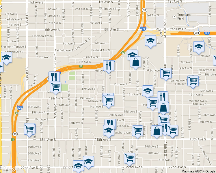 map of restaurants, bars, coffee shops, grocery stores, and more near 1121 22nd Street South in St. Petersburg