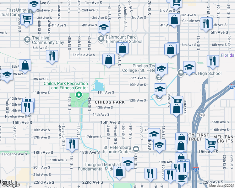 map of restaurants, bars, coffee shops, grocery stores, and more near 1101 40th Street South in Saint Petersburg
