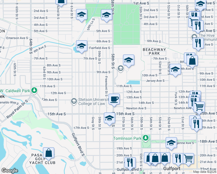 map of restaurants, bars, coffee shops, grocery stores, and more near 5818 11th Ave S in Gulfport