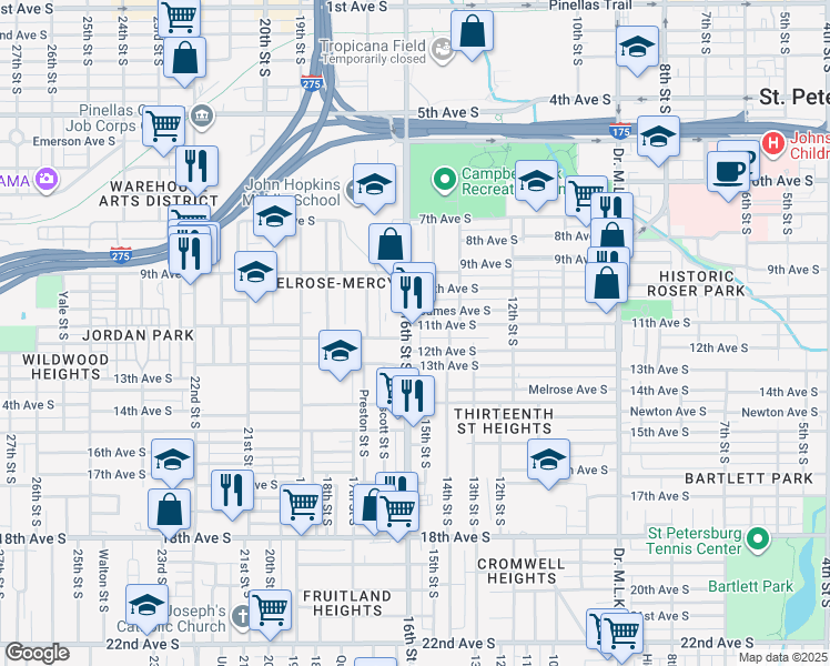 map of restaurants, bars, coffee shops, grocery stores, and more near 1110 16th St S in St Petersburg