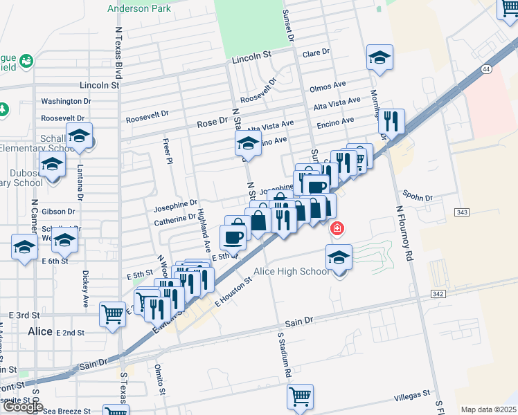 map of restaurants, bars, coffee shops, grocery stores, and more near 722 North Stadium Road in Alice
