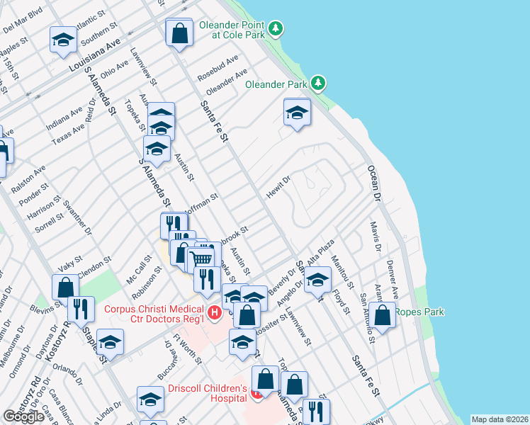 map of restaurants, bars, coffee shops, grocery stores, and more near 301 S Morningside St in Corpus Christi