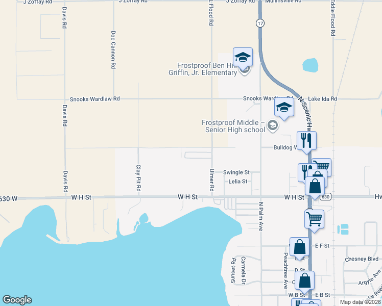 map of restaurants, bars, coffee shops, grocery stores, and more near 981 Ulmer Road in Frostproof
