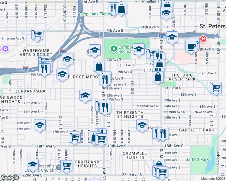 map of restaurants, bars, coffee shops, grocery stores, and more near 1410 11th Avenue South in Saint Petersburg