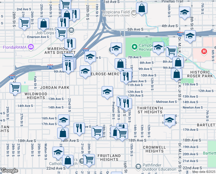 map of restaurants, bars, coffee shops, grocery stores, and more near 1741 12th Avenue South in St. Petersburg