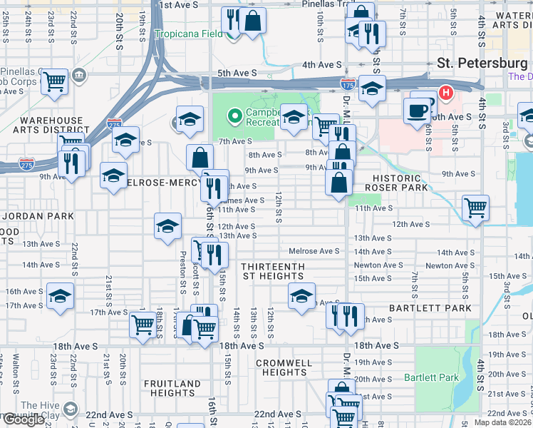map of restaurants, bars, coffee shops, grocery stores, and more near 1236 11th Ave S in St Petersburg