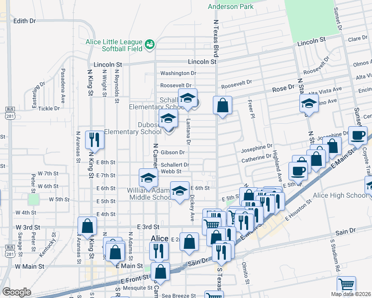 map of restaurants, bars, coffee shops, grocery stores, and more near 1001 Gibson Drive in Alice