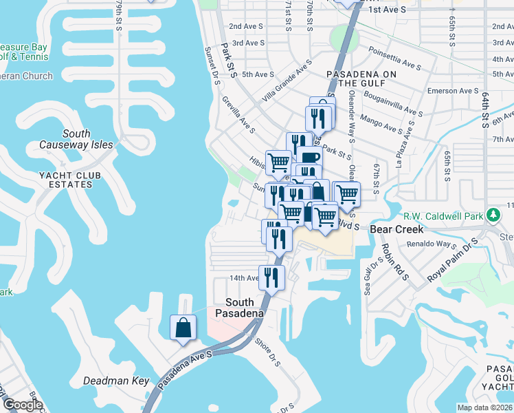 map of restaurants, bars, coffee shops, grocery stores, and more near 6970 Place De La Paix in South Pasadena