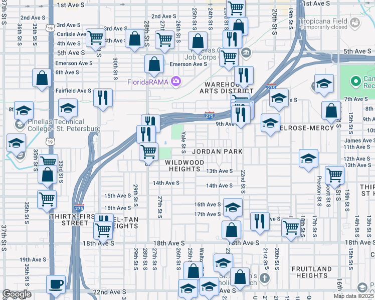 map of restaurants, bars, coffee shops, grocery stores, and more near 2548 11th Avenue South in St. Petersburg