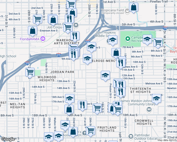 map of restaurants, bars, coffee shops, grocery stores, and more near 2022 11th Avenue South in St. Petersburg