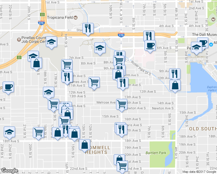 map of restaurants, bars, coffee shops, grocery stores, and more near 986 11th Avenue South in St. Petersburg