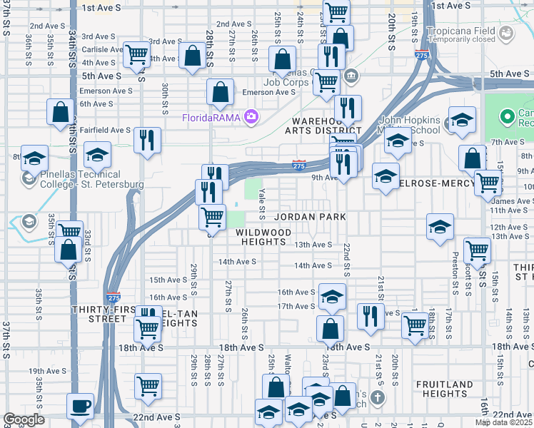 map of restaurants, bars, coffee shops, grocery stores, and more near 2540 11th Avenue South in St. Petersburg