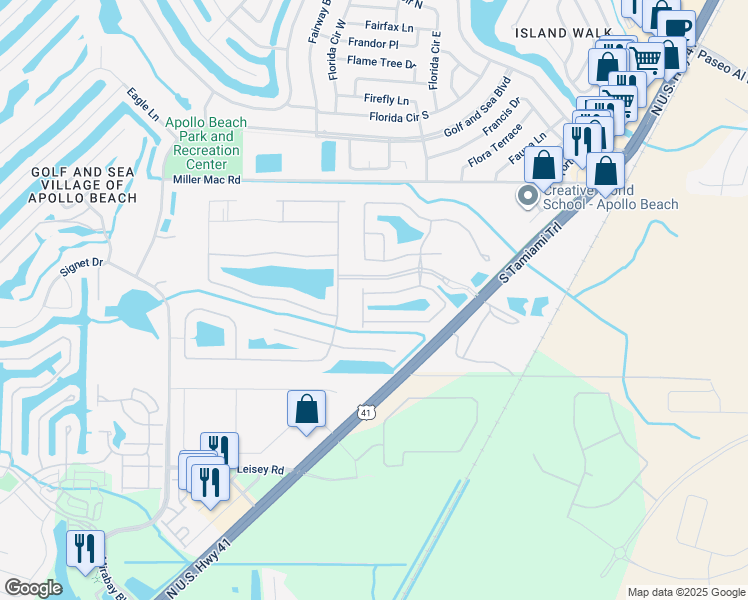 map of restaurants, bars, coffee shops, grocery stores, and more near 236 Shell Falls Drive in Apollo Beach