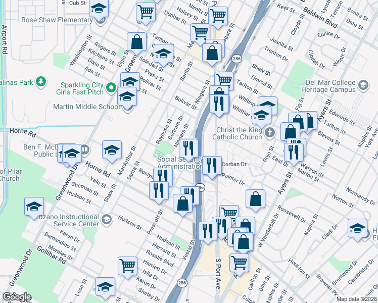 map of restaurants, bars, coffee shops, grocery stores, and more near 3813 Prescott Street in Corpus Christi