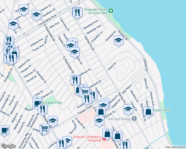 map of restaurants, bars, coffee shops, grocery stores, and more near 3121 Lawnview Street in Corpus Christi
