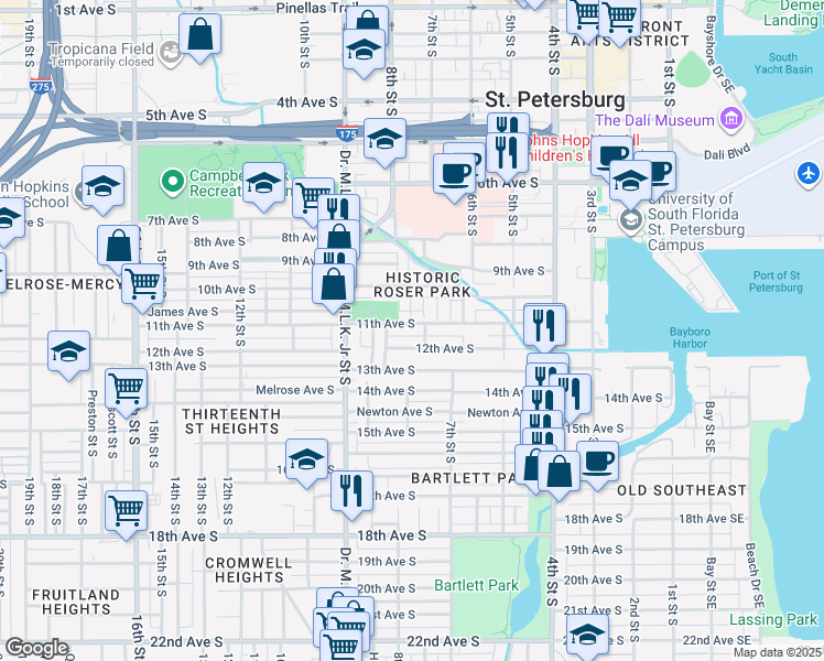 map of restaurants, bars, coffee shops, grocery stores, and more near 718 11th Avenue South in St. Petersburg