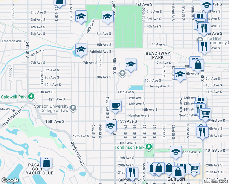 map of restaurants, bars, coffee shops, grocery stores, and more near 5800 11th Avenue South in Gulfport