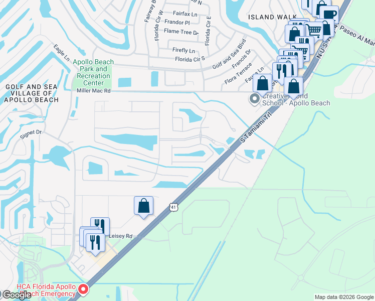 map of restaurants, bars, coffee shops, grocery stores, and more near 192 Shell Falls Drive in Apollo Beach