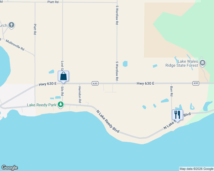 map of restaurants, bars, coffee shops, grocery stores, and more near 584 Highway 630 East in Frostproof