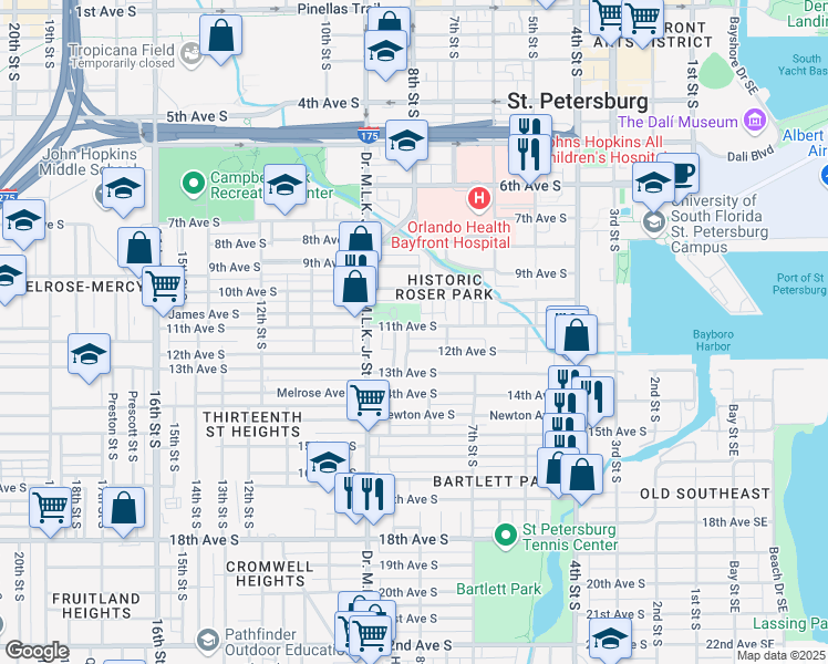 map of restaurants, bars, coffee shops, grocery stores, and more near 1118 Highland Street South in St. Petersburg
