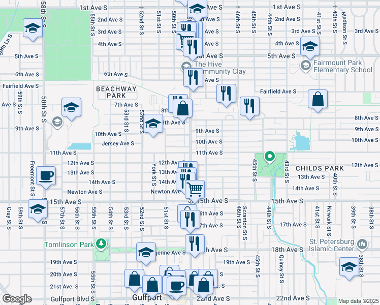 map of restaurants, bars, coffee shops, grocery stores, and more near 1100 49th Street South in Gulfport