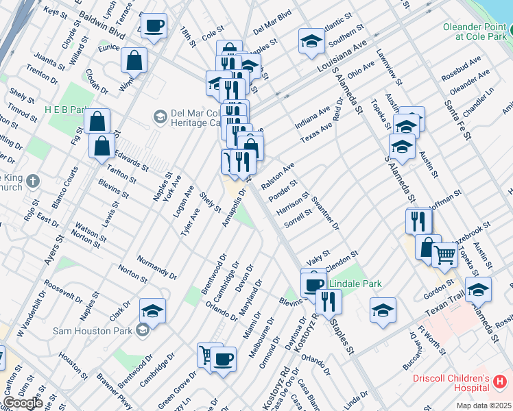 map of restaurants, bars, coffee shops, grocery stores, and more near 2859 South Staples Street in Corpus Christi