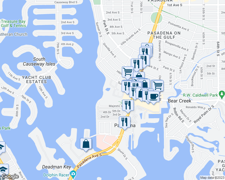 map of restaurants, bars, coffee shops, grocery stores, and more near 7050 Sunset Drive South in South Pasadena