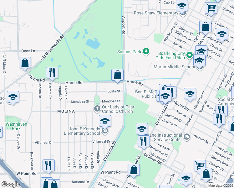 map of restaurants, bars, coffee shops, grocery stores, and more near 4217 Columbia Street in Corpus Christi