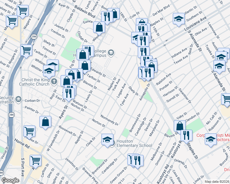 map of restaurants, bars, coffee shops, grocery stores, and more near 1241 Logan Avenue in Corpus Christi