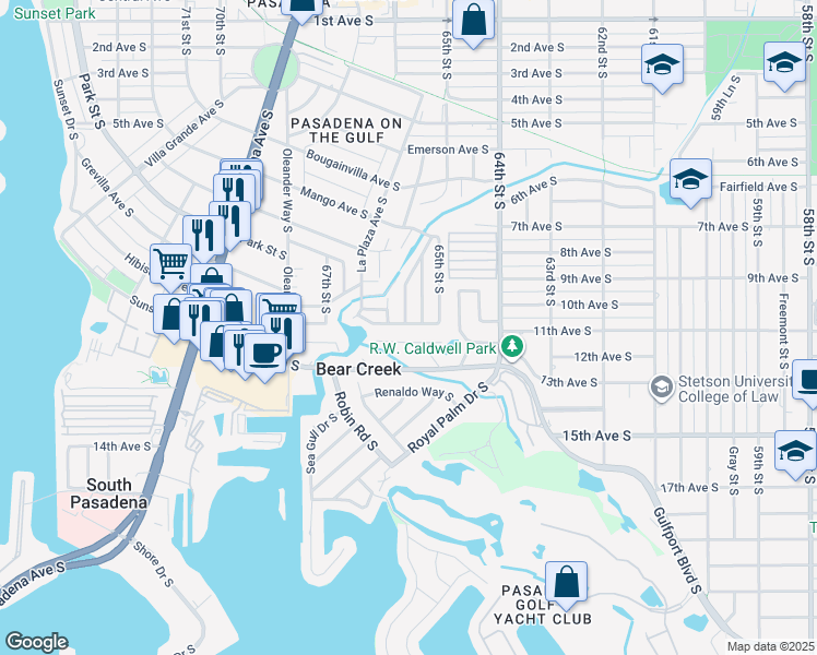 map of restaurants, bars, coffee shops, grocery stores, and more near 6597 Flamingo Way South in St. Petersburg