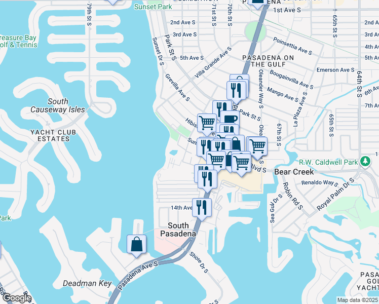 map of restaurants, bars, coffee shops, grocery stores, and more near 6978 Sunset Drive South in South Pasadena