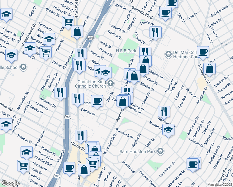 map of restaurants, bars, coffee shops, grocery stores, and more near 3433 Ayers Street in Corpus Christi