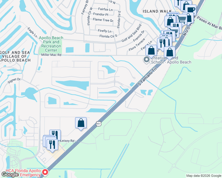 map of restaurants, bars, coffee shops, grocery stores, and more near 192 Shell Falls Drive in Apollo Beach