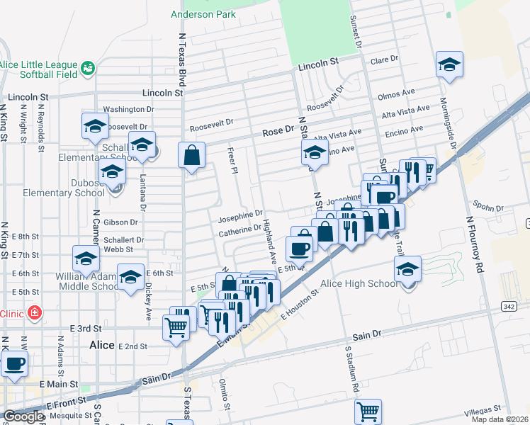 map of restaurants, bars, coffee shops, grocery stores, and more near 1300 Josephine Drive in Alice