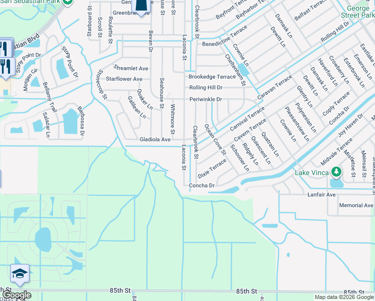 map of restaurants, bars, coffee shops, grocery stores, and more near 1734 Laconia Street in Sebastian