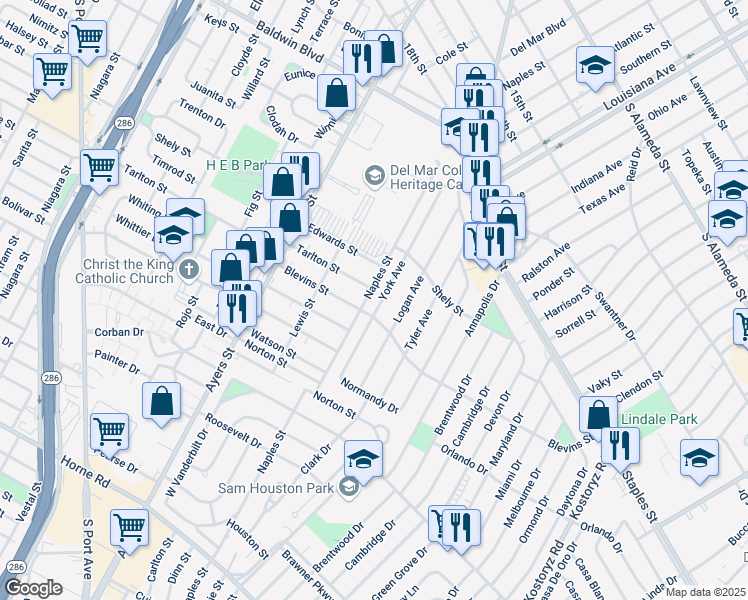 map of restaurants, bars, coffee shops, grocery stores, and more near 1241 Logan Avenue in Corpus Christi